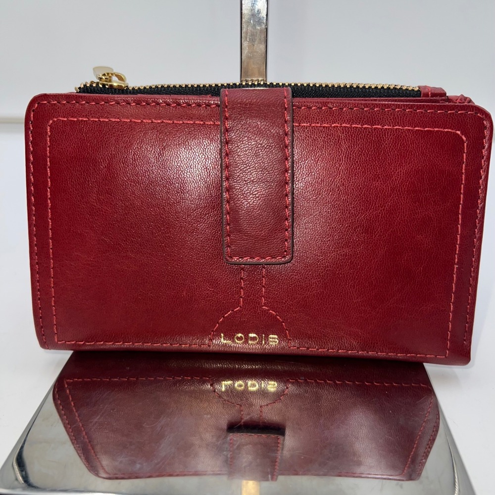 Lodis Red Leather Glace French Purse Wallet Coin Pouch Zip Around Rfid